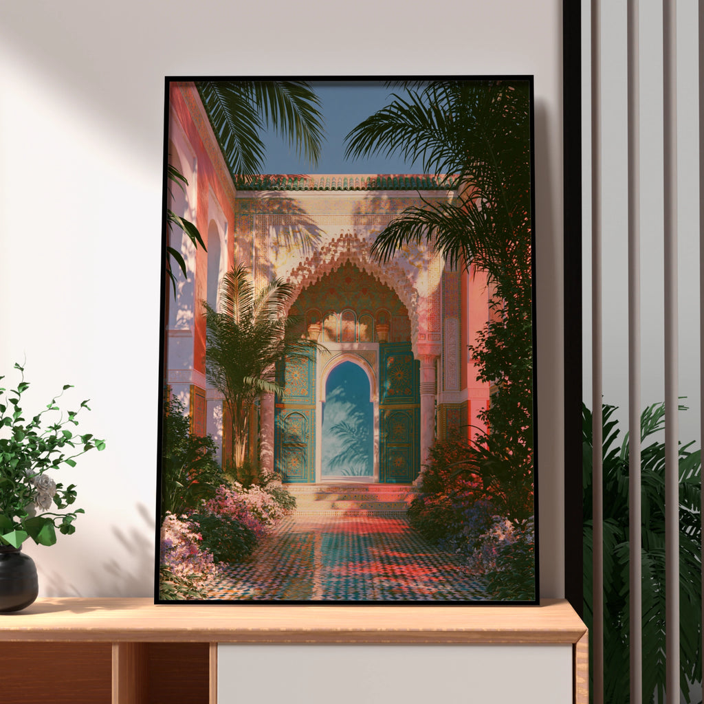 Moroccan Courtyard Tiles Art Print, Marrakech Arch Poster, Boho Travel Wall Art