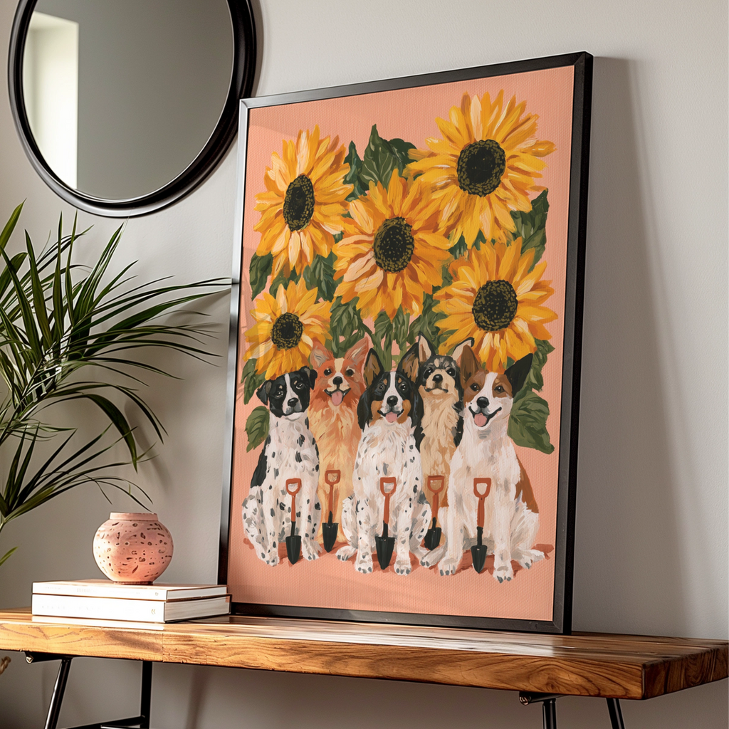 Dogs & Sunflowers Poster, Cute Dog Art Print, Floral Wall Art, Illustrated