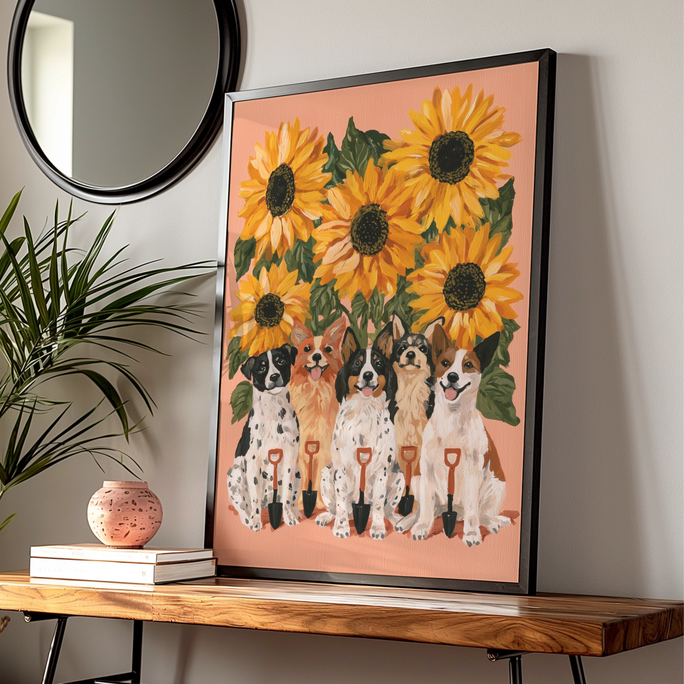 Dogs & Sunflowers Poster, Cute Dog Art Print, Floral Wall Art, Illustrated
