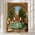 Italian Courtyard Olive Trees Poster, Stone Arch Fountain Wall Art Print