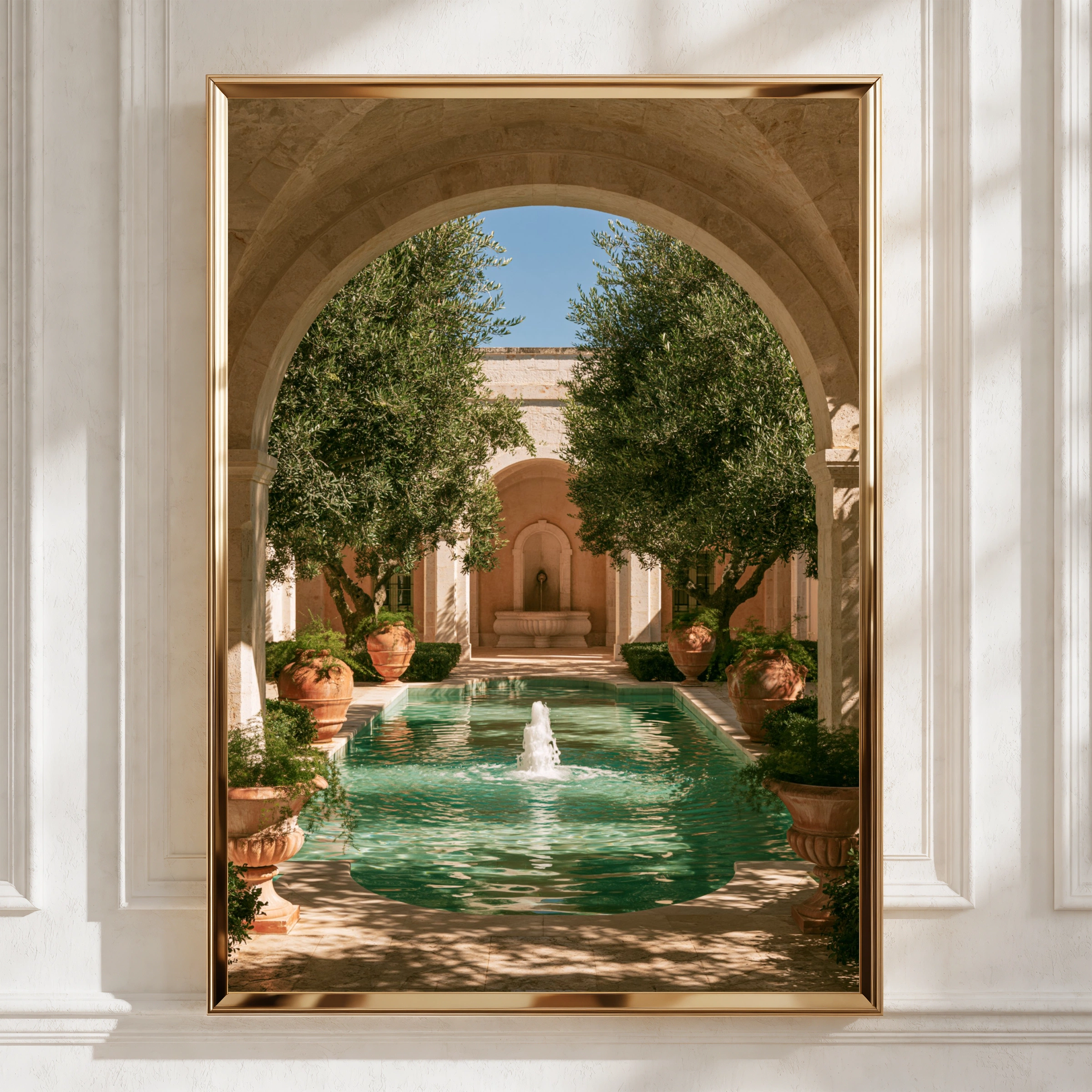 Italian Courtyard Olive Trees Poster, Stone Arch Fountain Wall Art Print