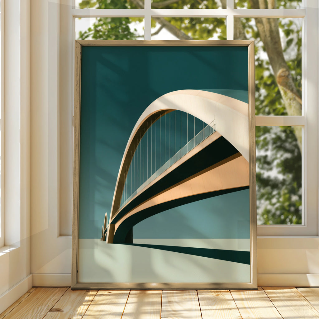 Arch Bridge Architecture Poster, Minimalist Teal Wall Art Print