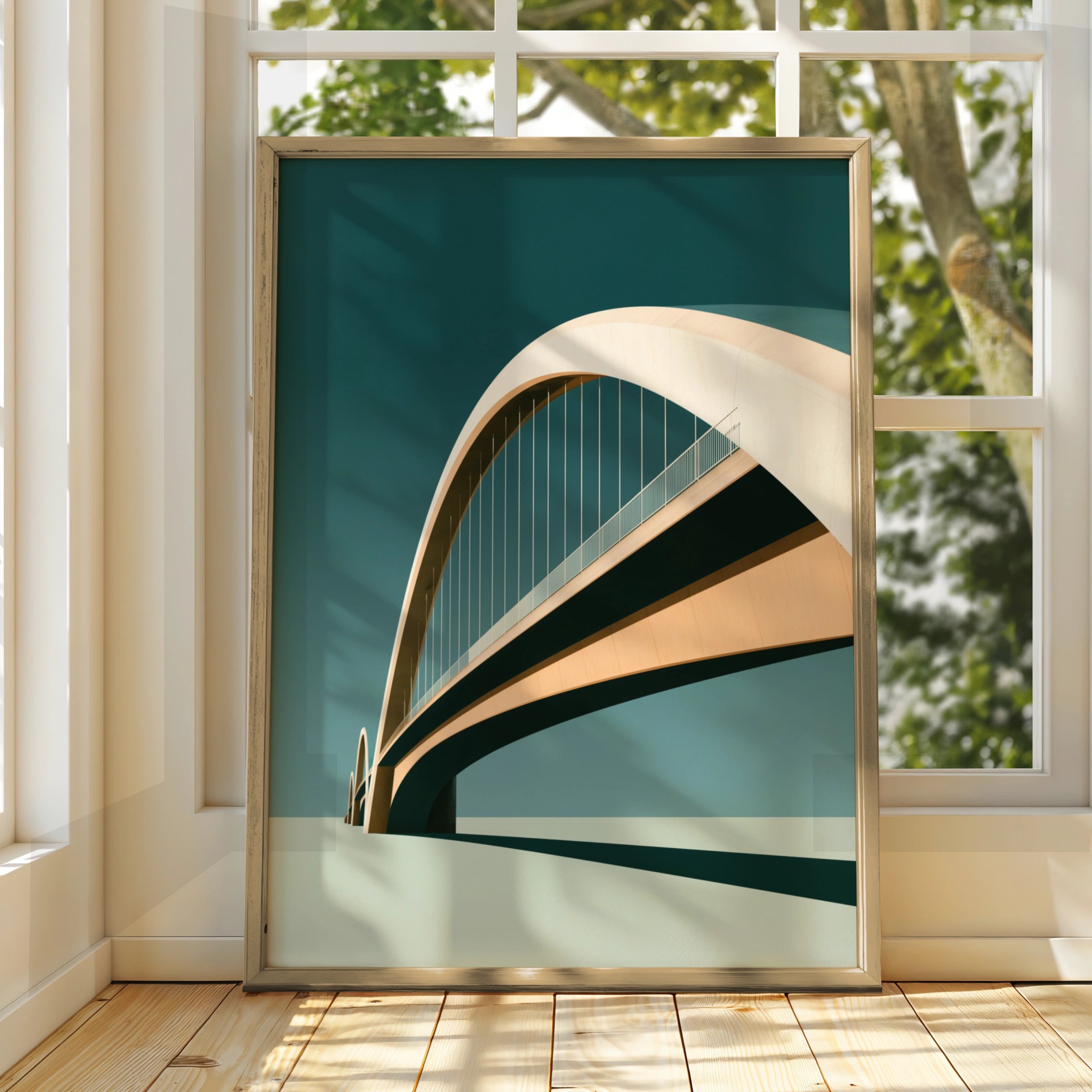 Arch Bridge Architecture Poster, Minimalist Teal Wall Art Print