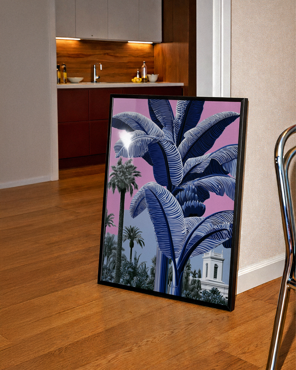 Blue Banana Tree Poster, Tropical Palm Pink Sky, Bold Botanical Wall Art