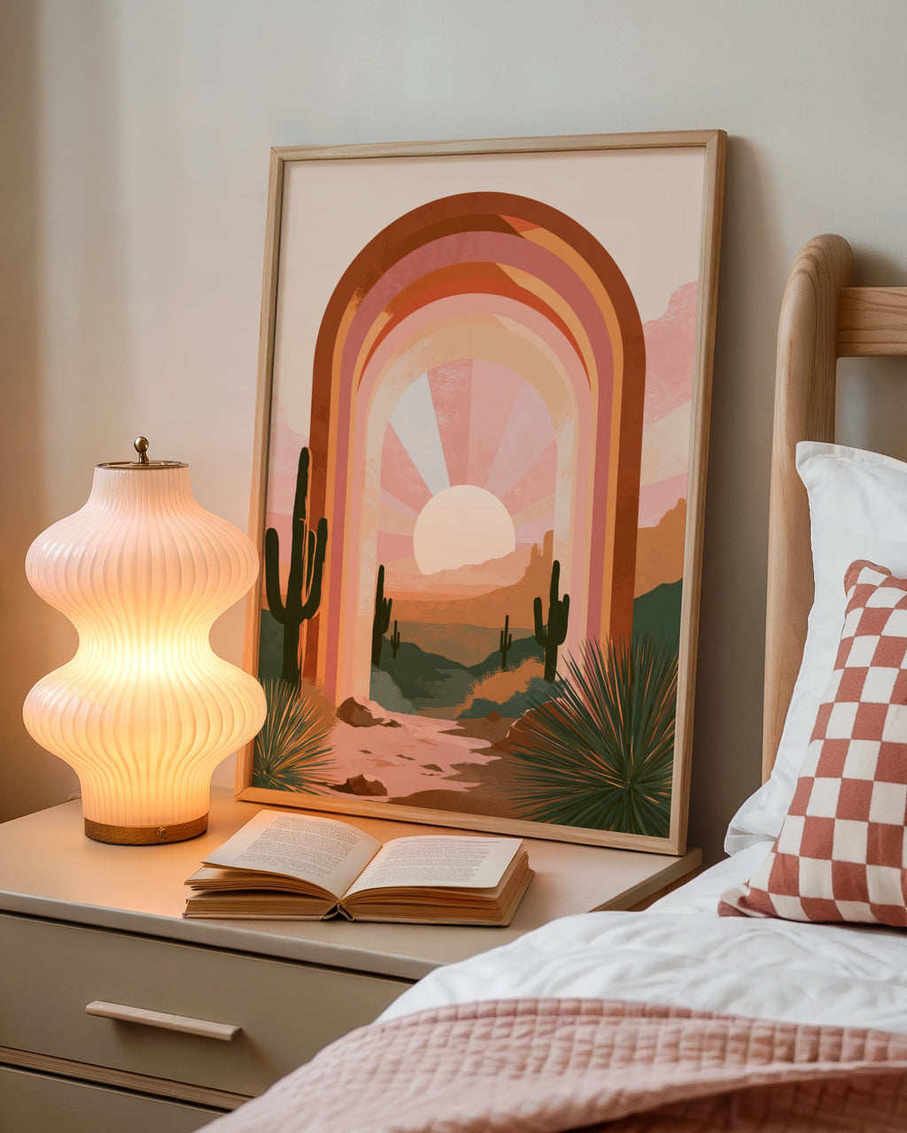 Desert Cactus Arch Sunset Poster, Surreal Boho Southwest Wall Art Print