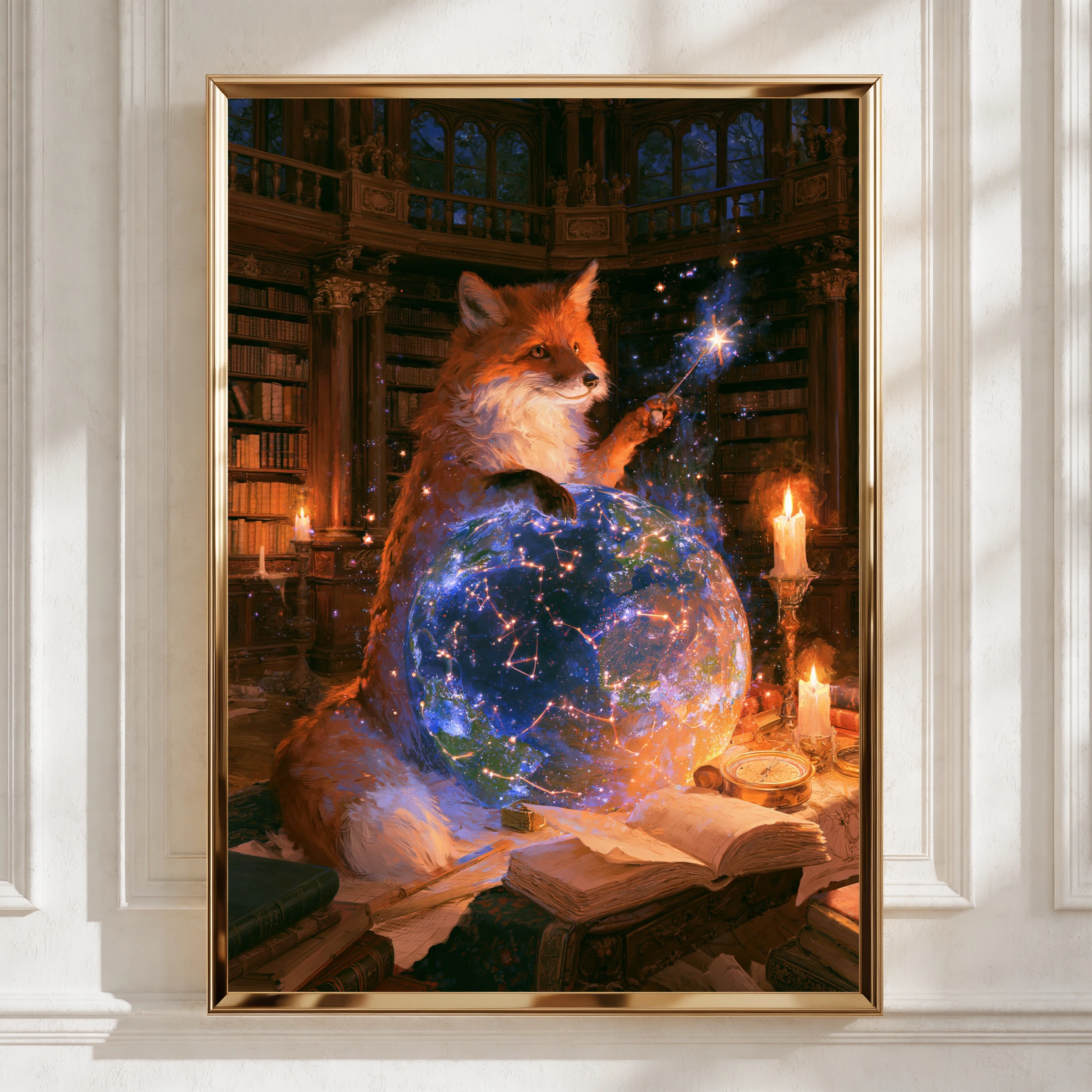 Fox Celestial Observatory Poster, Magical Library Wall Art, Fantasy Print