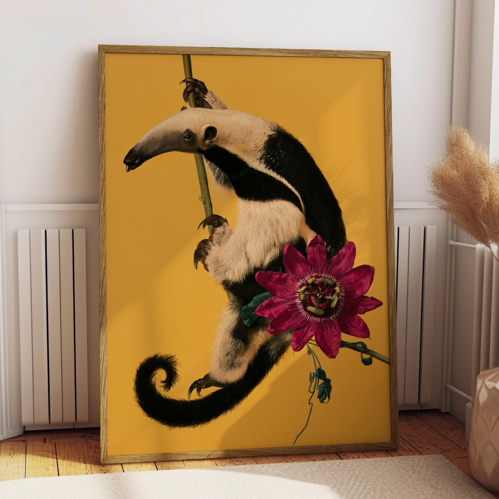 Anteater & Passion Flower Poster, Tropical Wildlife Wall Art Print