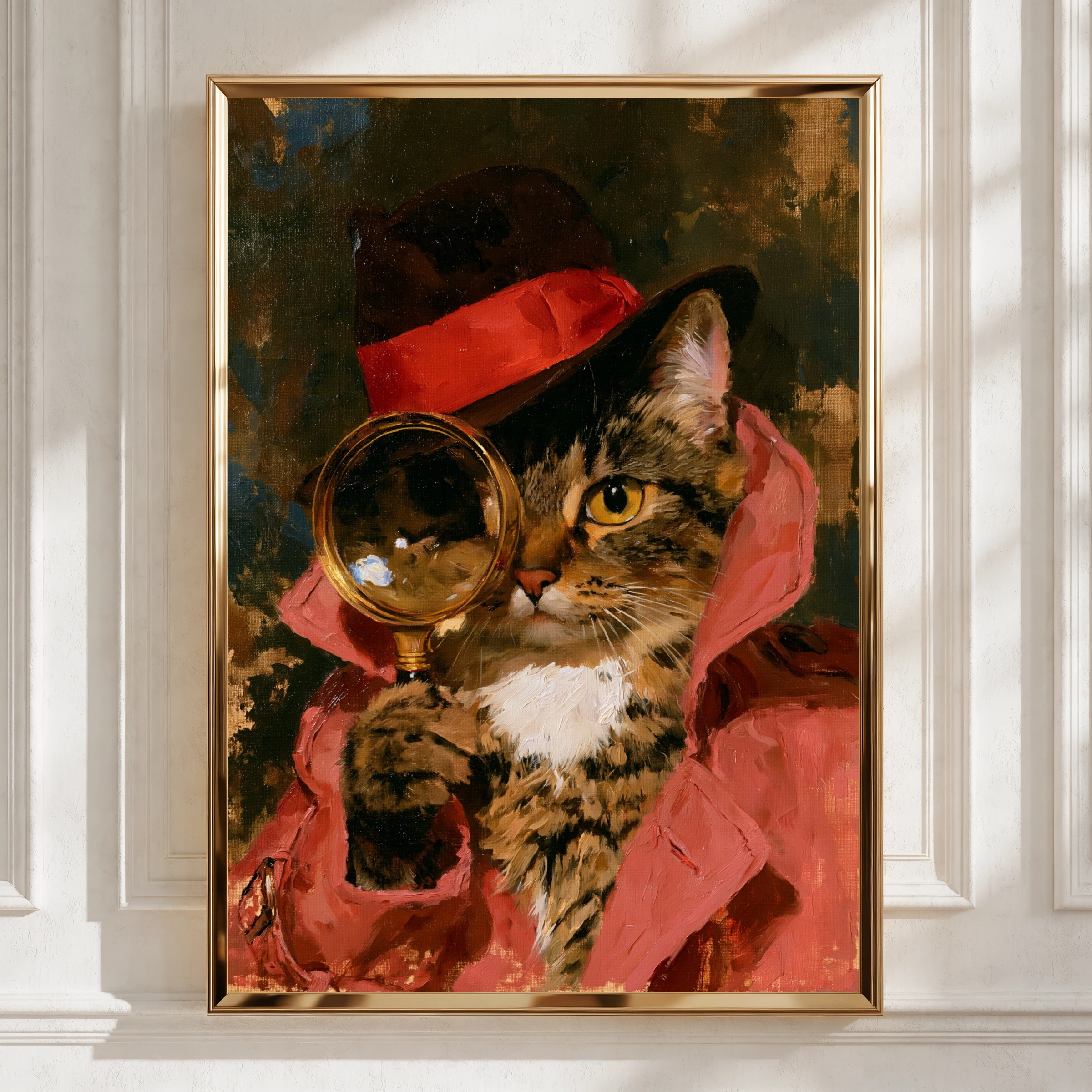 Detective Cat Poster, Magnifying Glass Tabby, Oil Painting Style Art Print