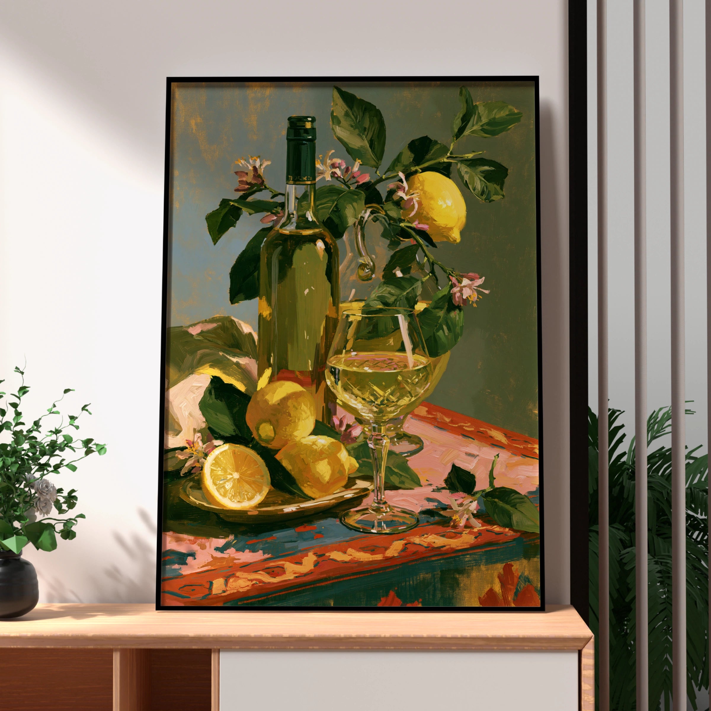 Limoncello Still Life Poster, Lemon Wine Art Print, Italian Kitchen Wall Art