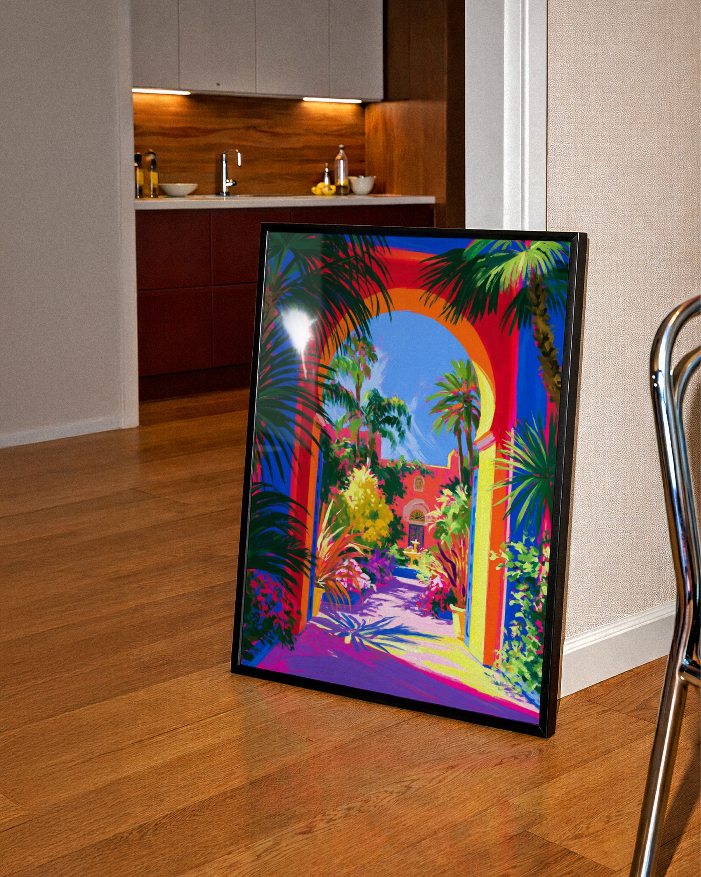 Courtyard Flowers Palms Poster, Tropical Arch Garden Print, Vibrant Colourful Wall Art