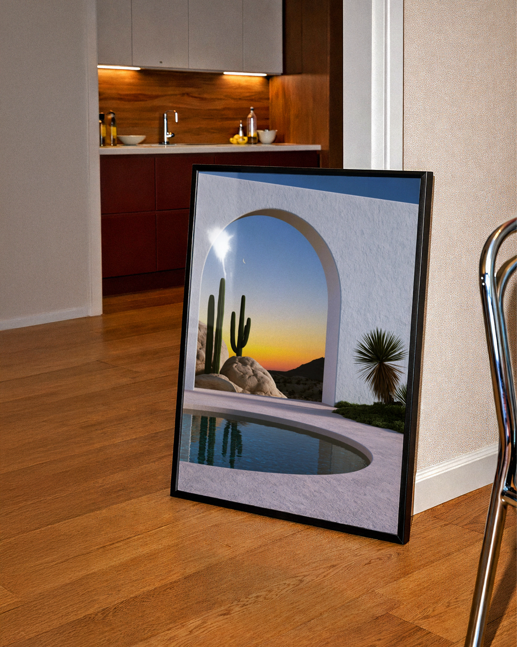 Desert Cactus Arch Pool Sunset Poster, Minimalist Architecture Wall Art Print