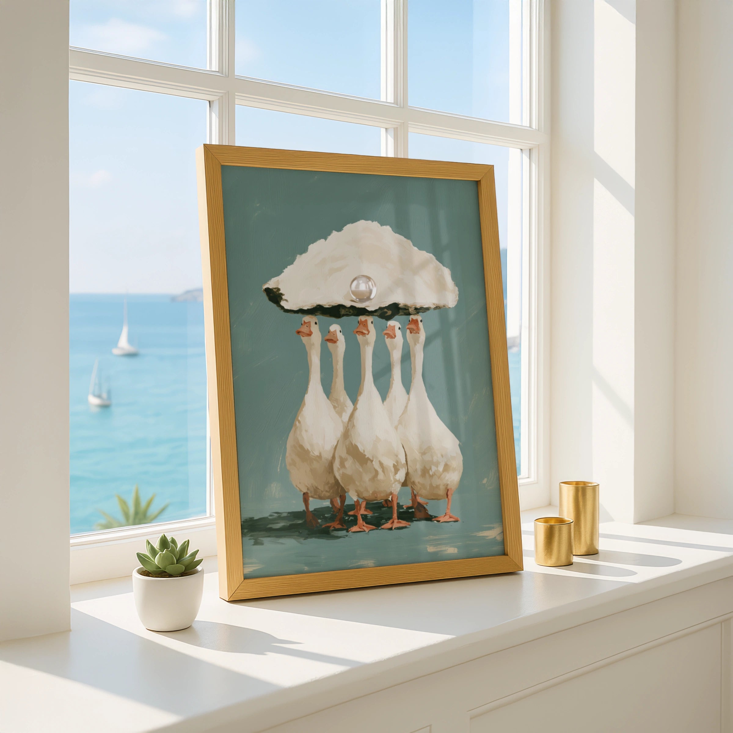 Ducks Carrying Pearl Oyster Shell Poster, Whimsical Animal Wall Art Print