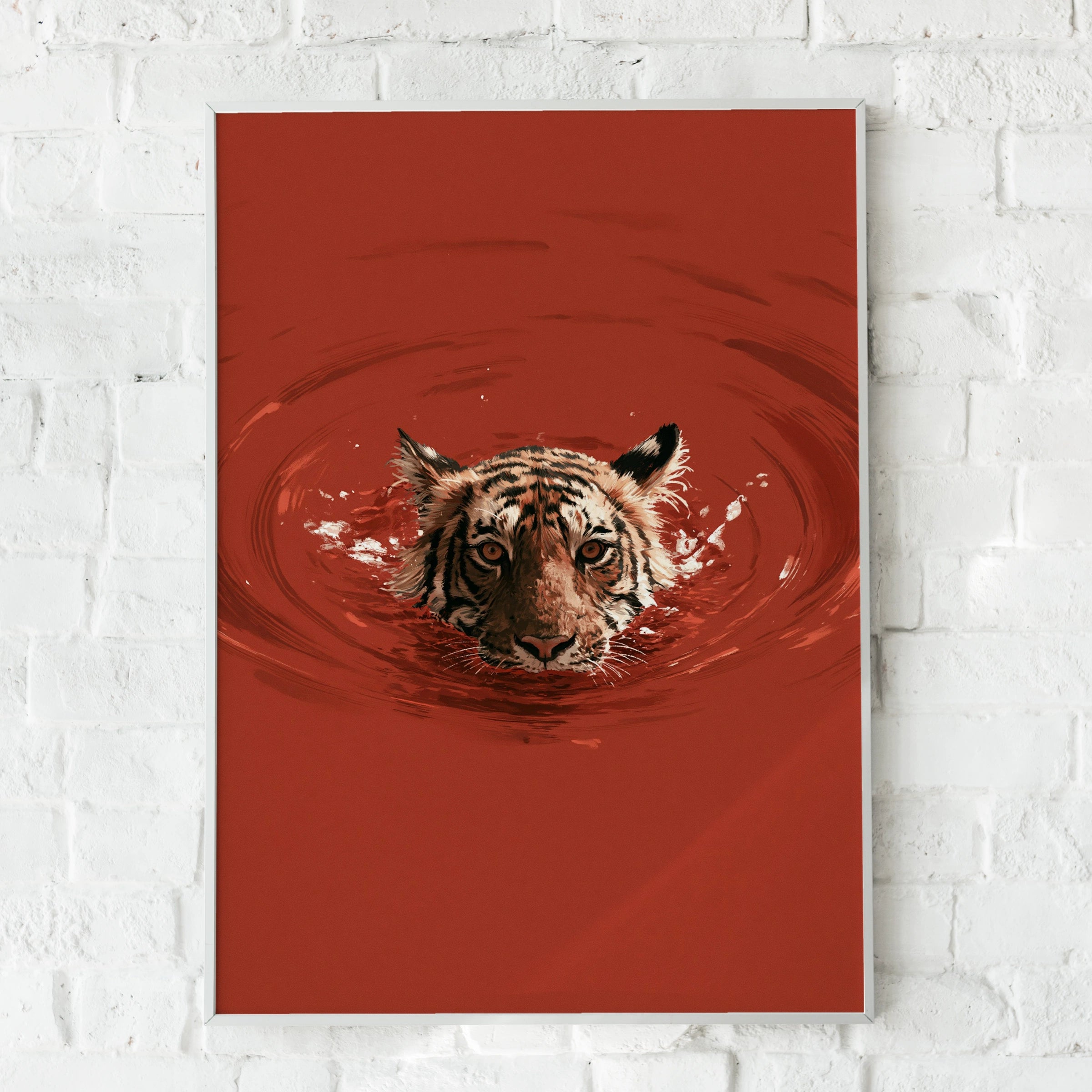 Tiger Swimming in Red Water Poster, Bold Wildlife Wall Art, Dramatic Animal Print