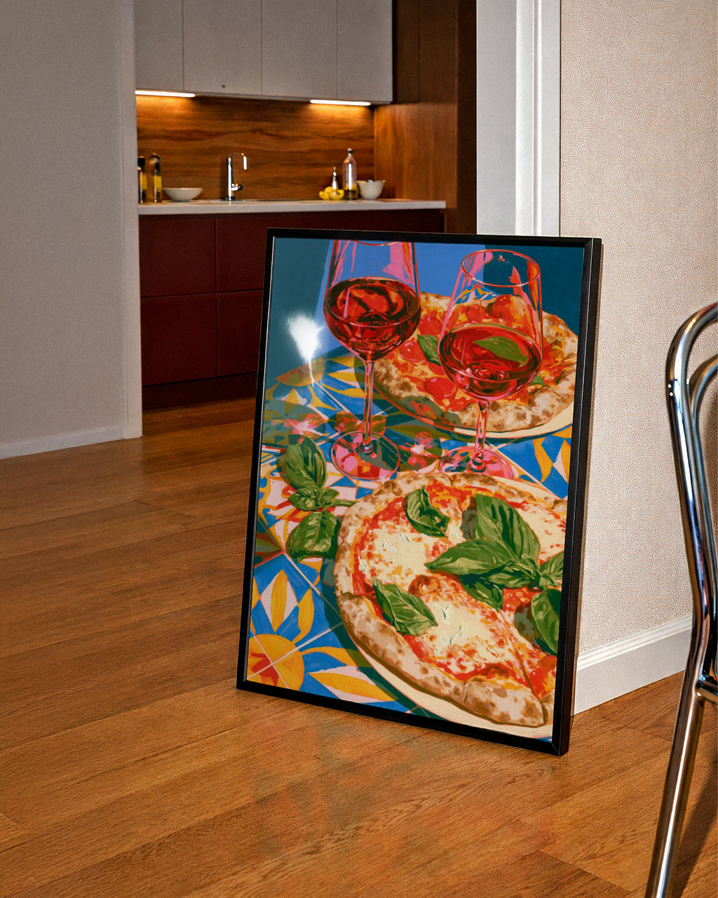 Pizza & Red Wine Poster, Italian Tiles Art Print, Colourful Kitchen Wall Art