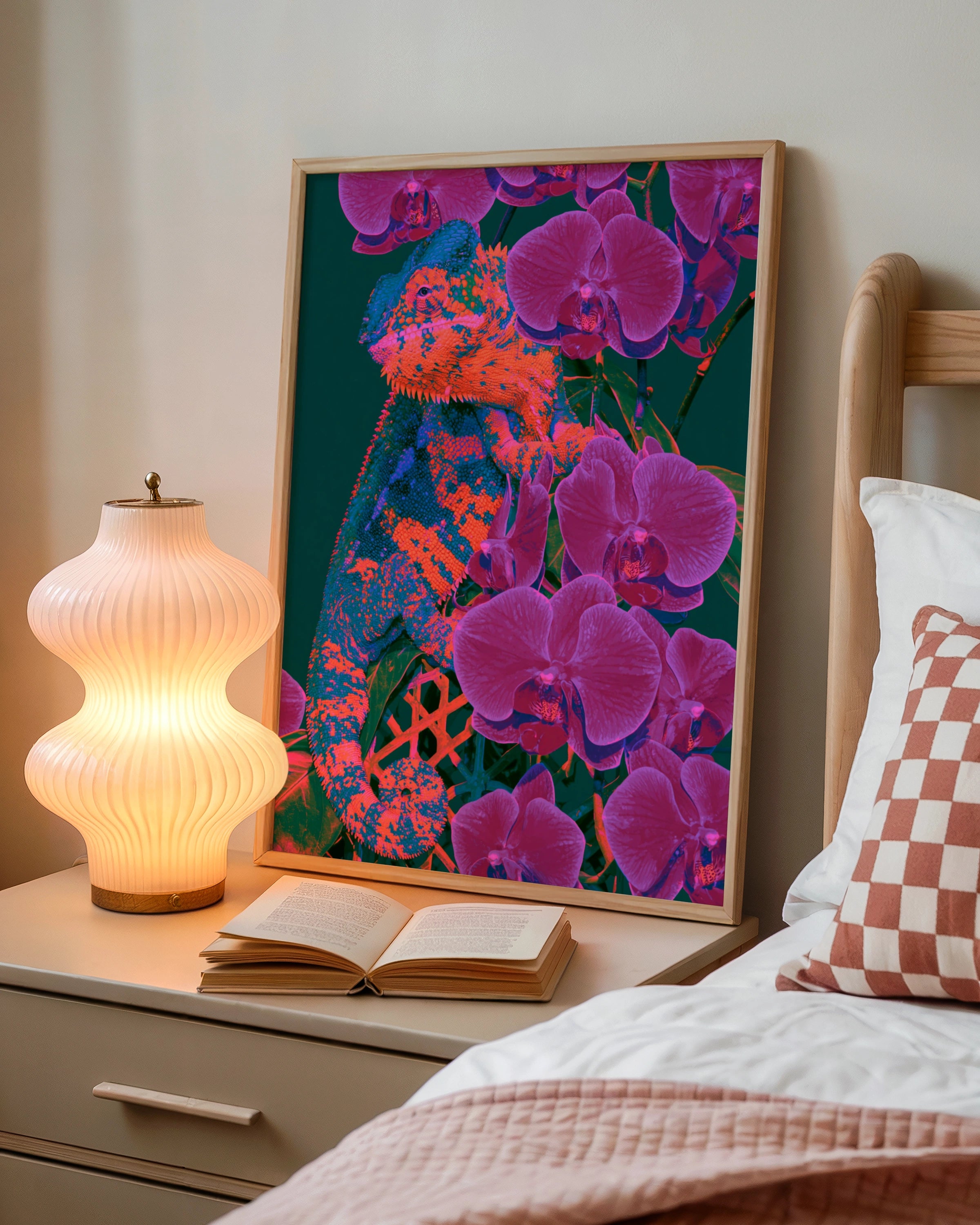 Chameleon Orchid Poster, Bold Orange Purple Tropical Wall Art, Neon Wildlife Print