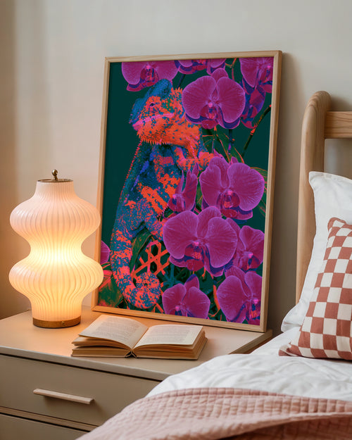 Chameleon Orchid Poster, Bold Orange Purple Tropical Wall Art, Neon Wildlife Print