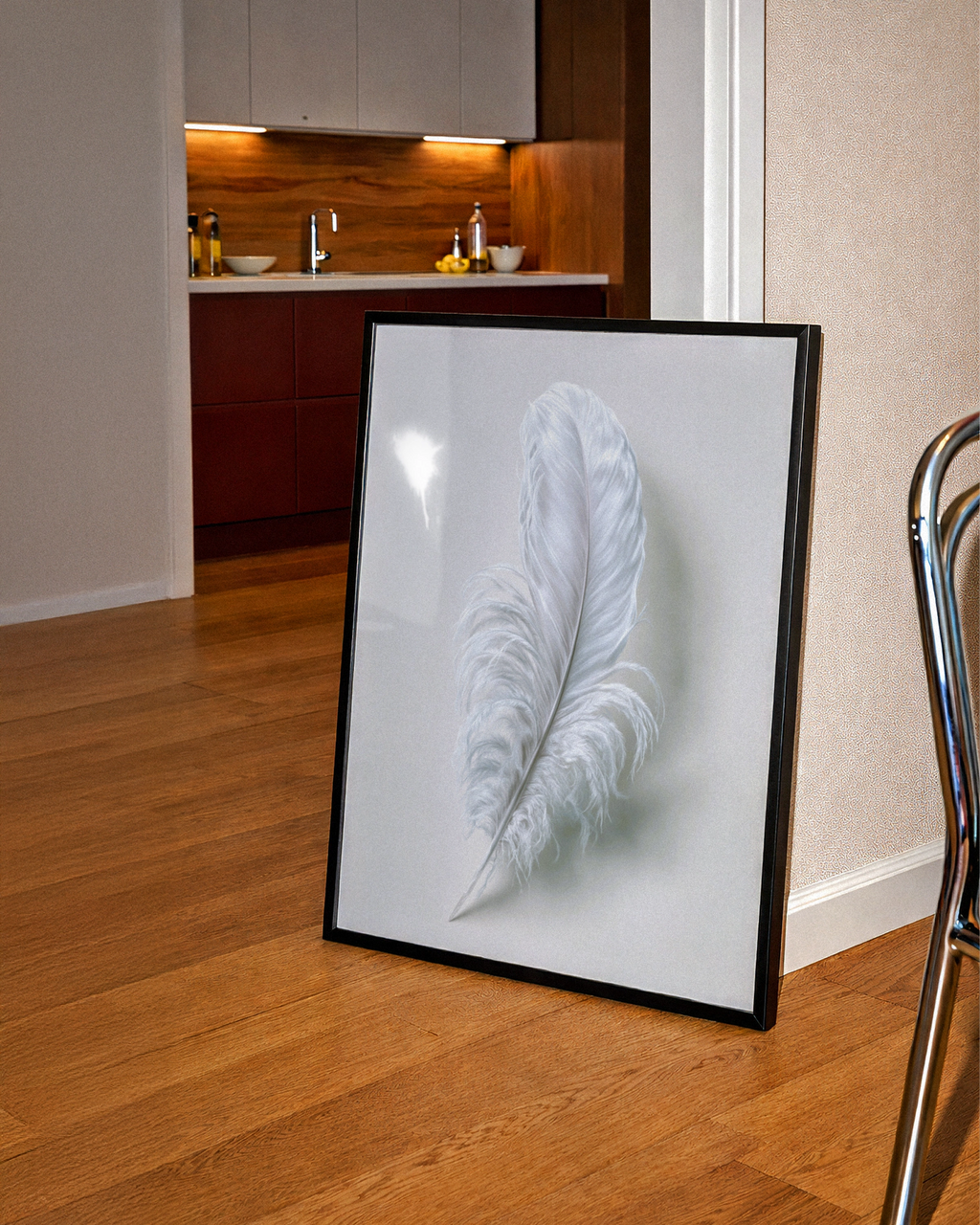 White Feather Wall Art Poster, Minimalist Nature Print, Soft Grey