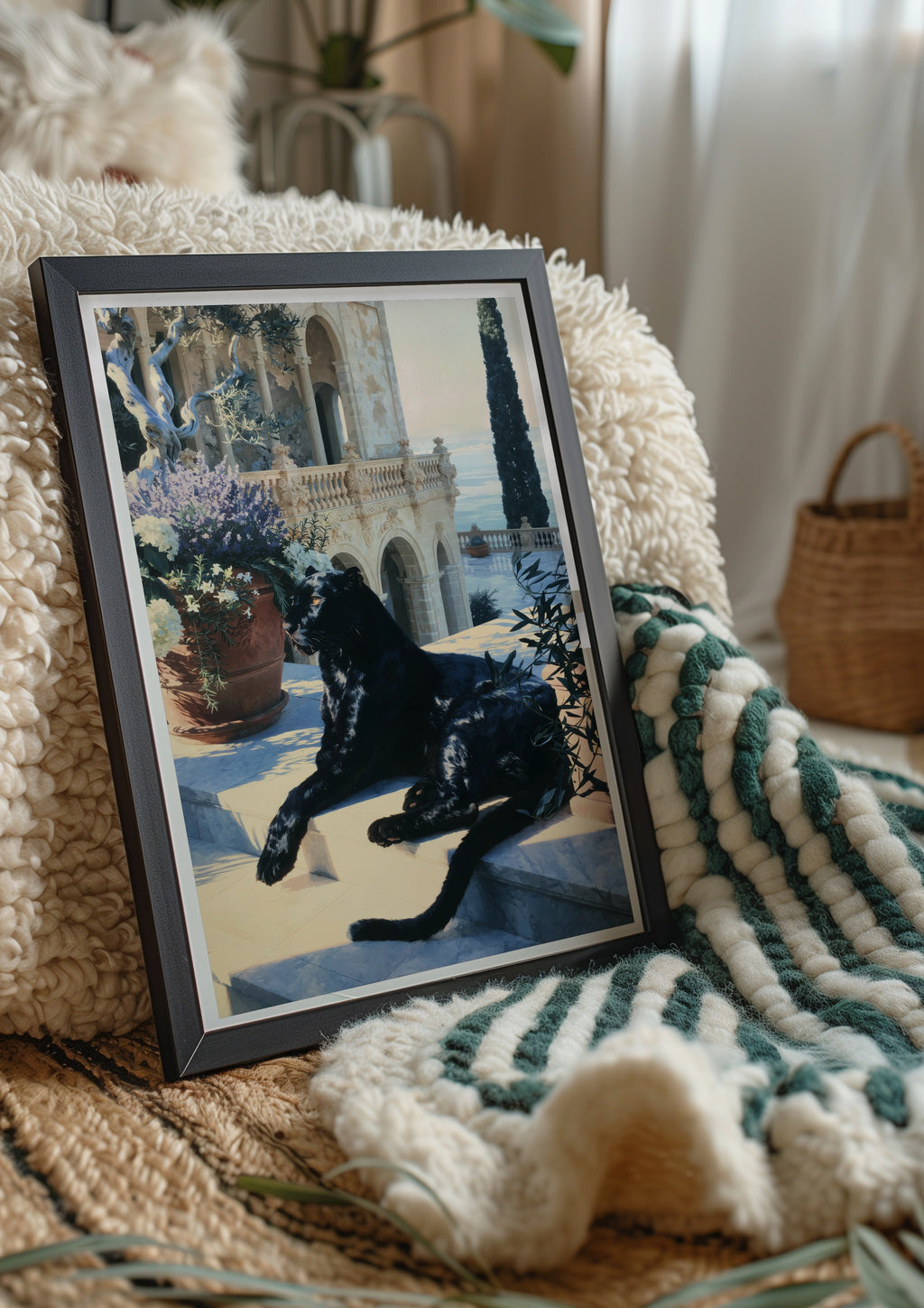 Black Panther Villa Stairs Poster, Mediterranean Architecture Art Print