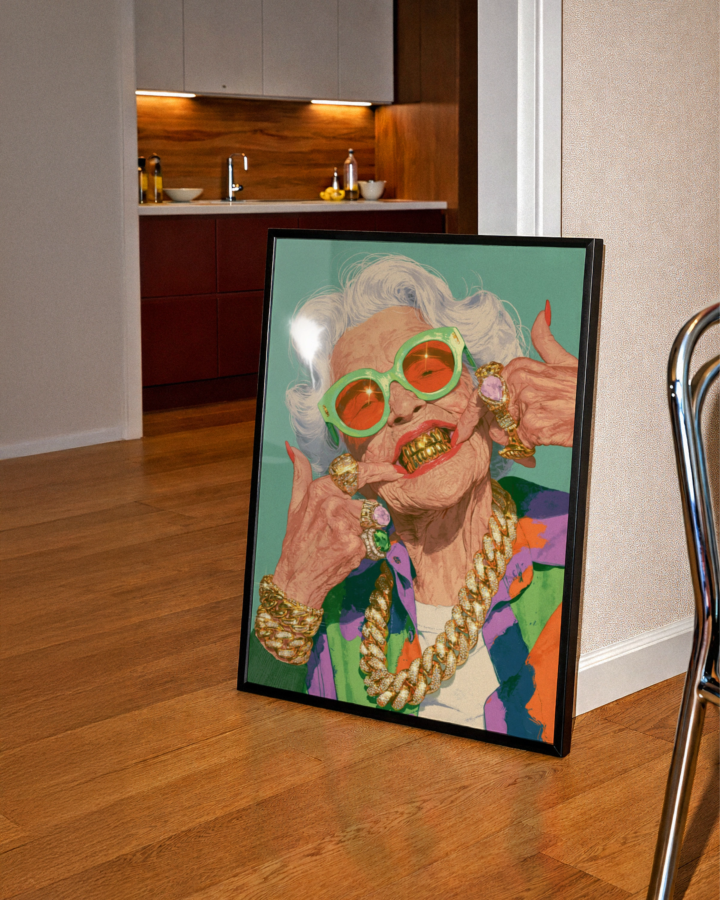 Grandma Grills Poster, Funny Old Lady Gold Teeth, Bold Pop Art Print