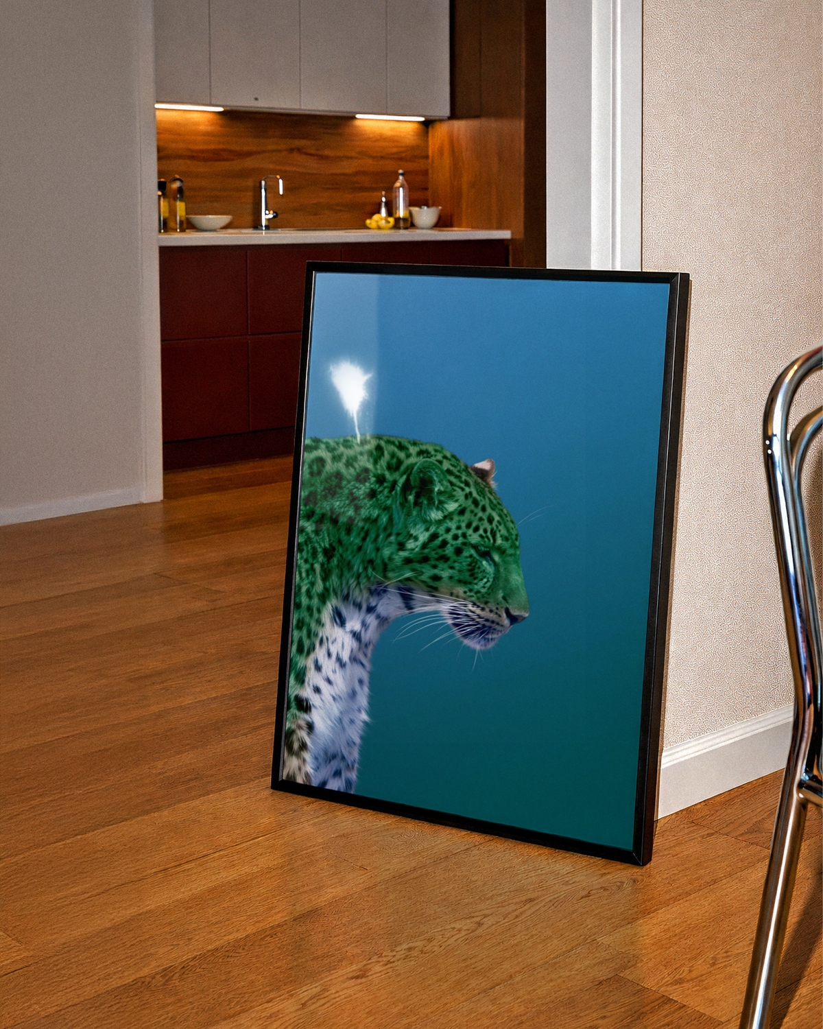 Green Leopard Abstract Poster, Bold Wild Cat Print, Teal Blue Wall Art