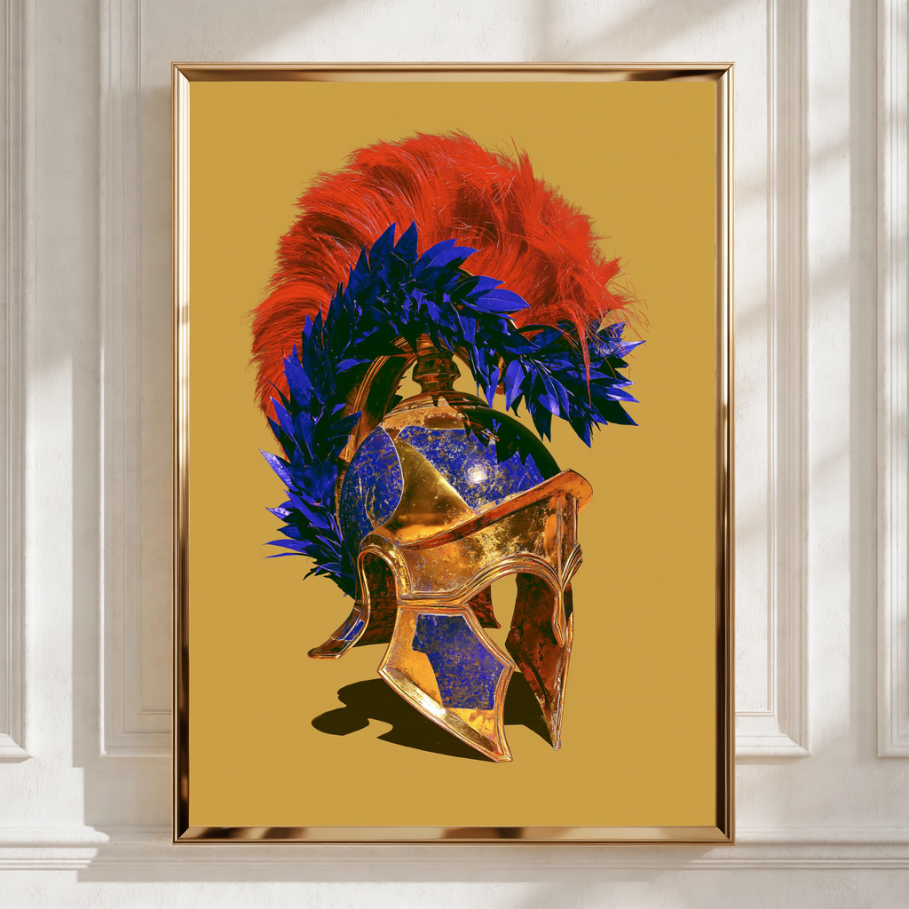 Greek Helmet Poster, Ancient Spartan Warrior Art, Bold Gold Blue Red Print