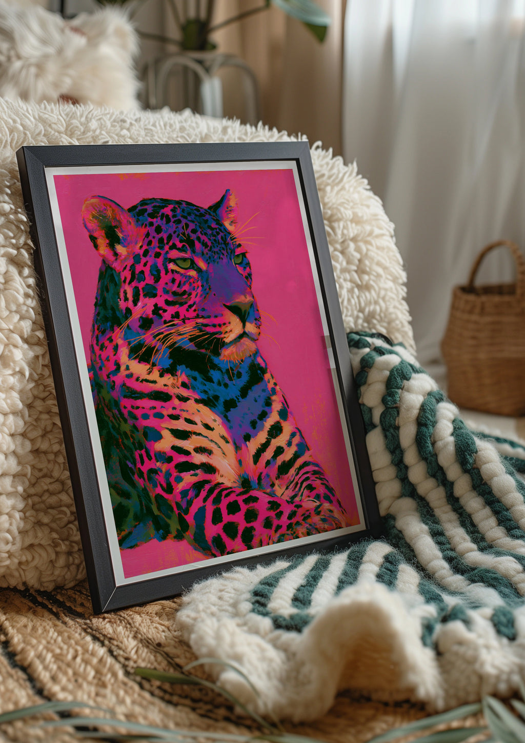 Neon Jaguar Wall Art Poster, Pink Pop Art Big Cat Print, Bold Colourful