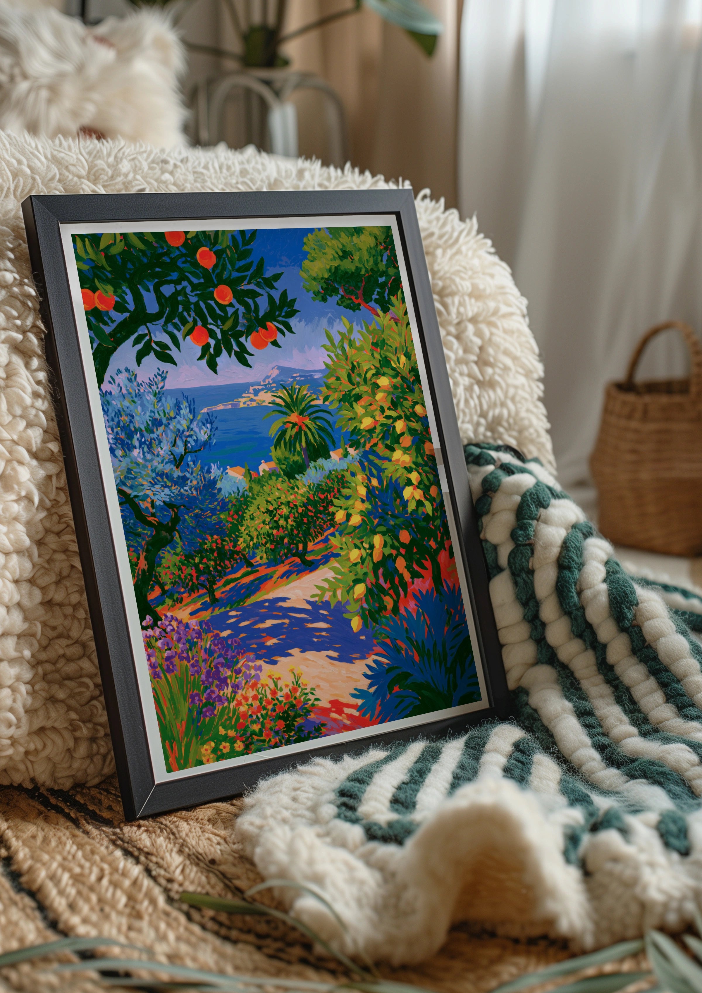 Mediterranean Garden Path Poster, Orange Lemon Trees, Coastal Wall Art Print