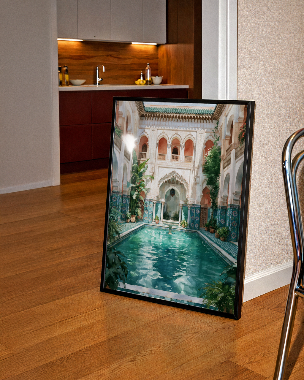Moroccan Riad Courtyard Poster, Turquoise Pool Fountain, Ethnic Architecture Print