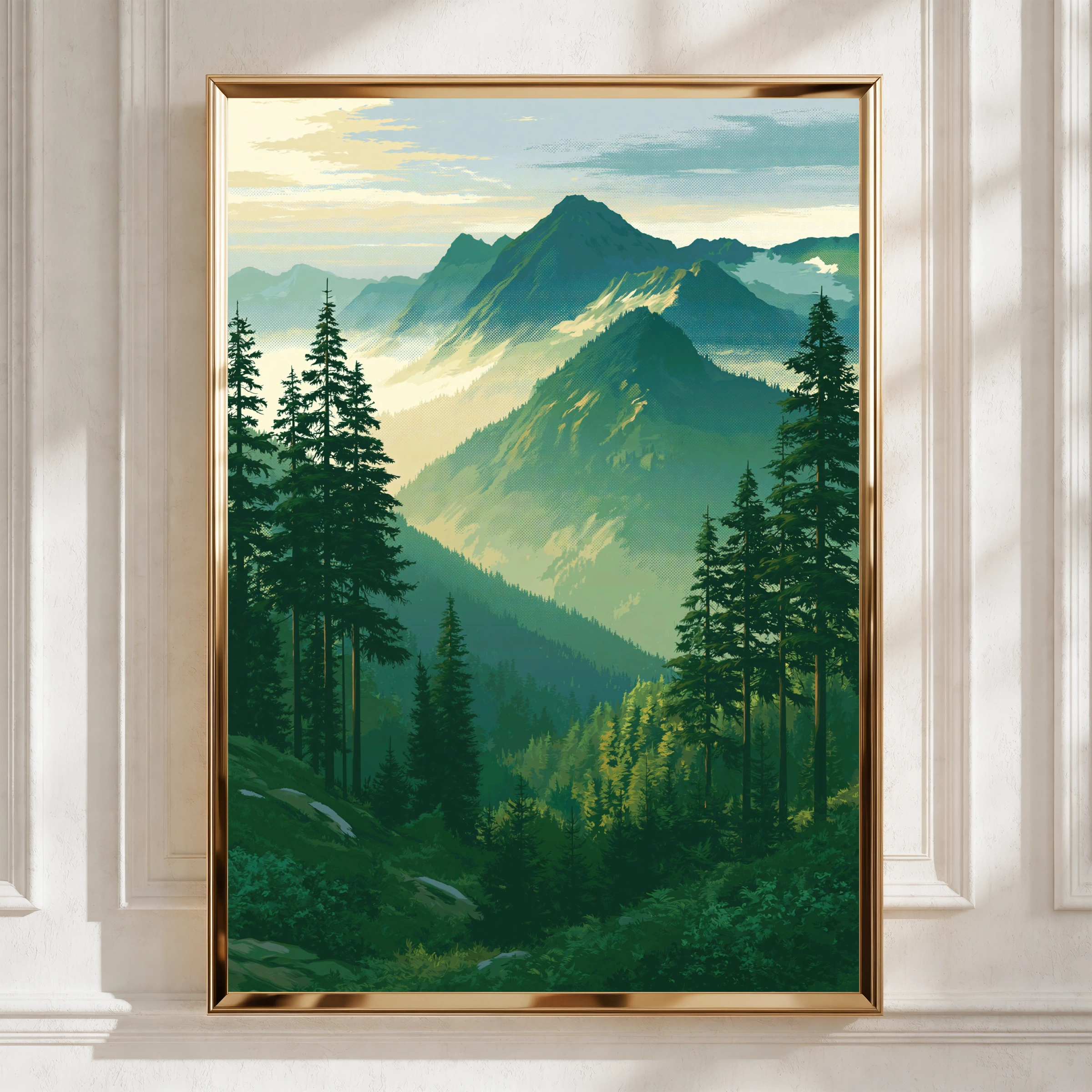 Forest Mountain Landscape Poster, Pine Trees Nature Print, Vintage Style Wall Art