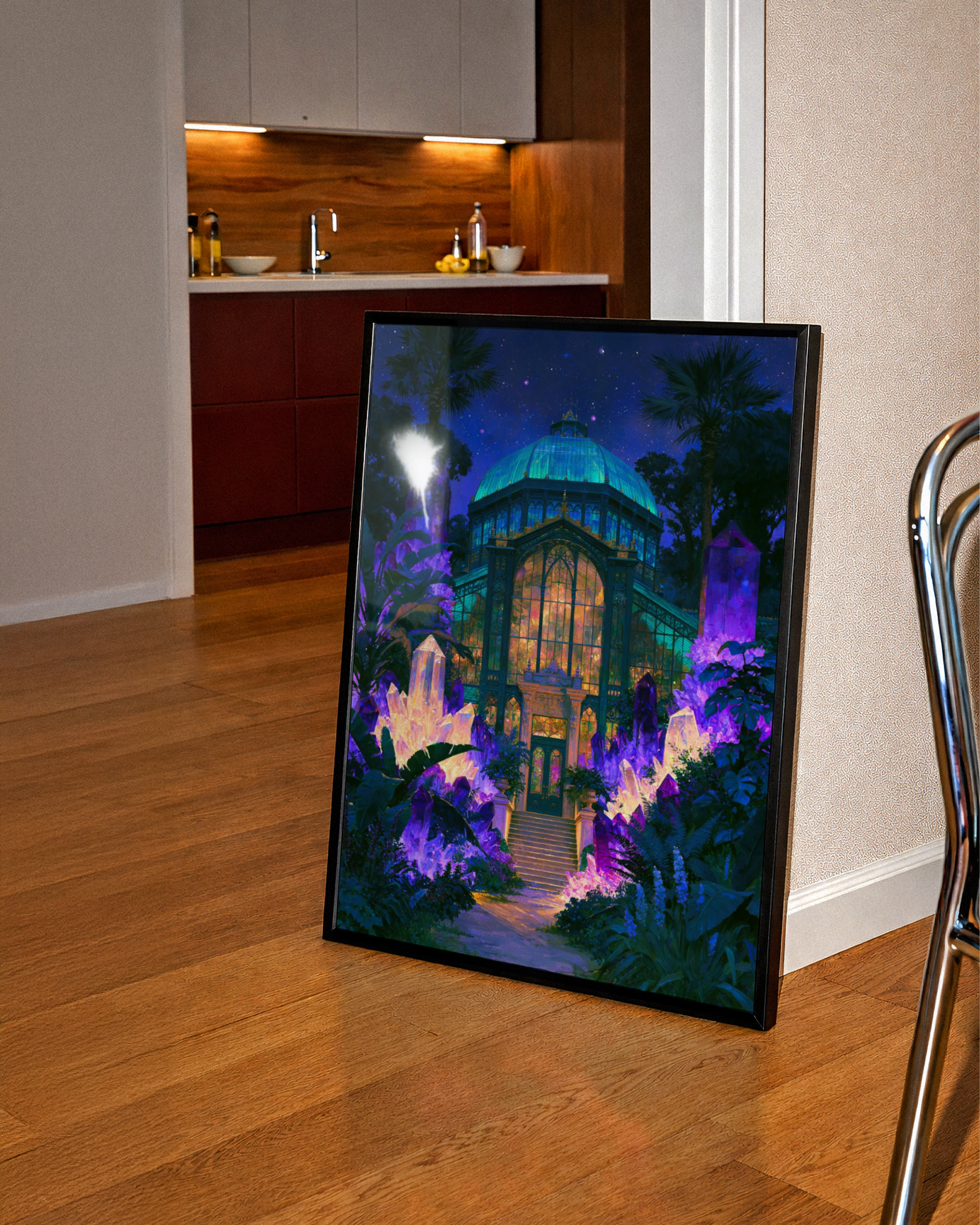 Crystal Greenhouse Surreal Night Poster, Botanical Glasshouse Art Print, Fantasy