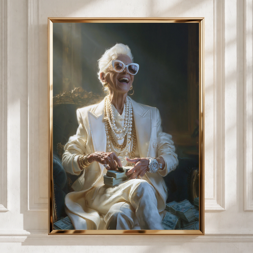 Glamorous Grandma Counting Money Poster, Funny Wealthy Older Woman Wall Art