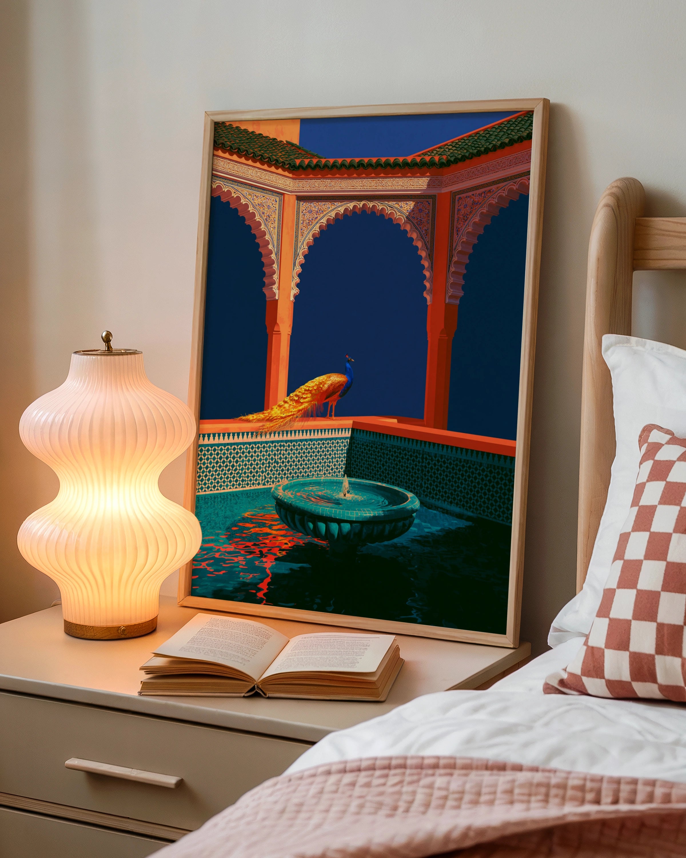 Peacock Moorish Arches Fountain Poster, Moroccan Architecture Wall Art Print