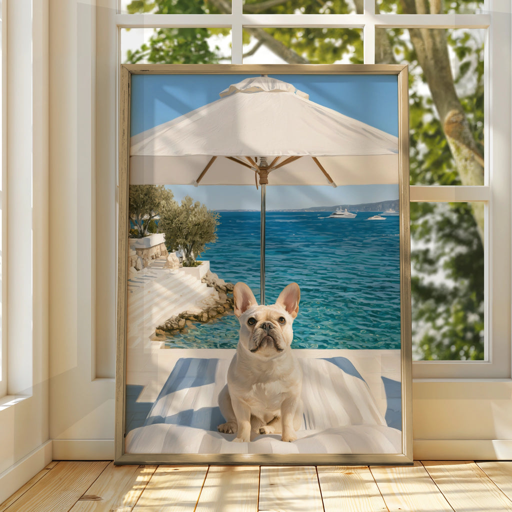 French Bulldog by the Sea, Wall Art Poster, Coastal Summer Print