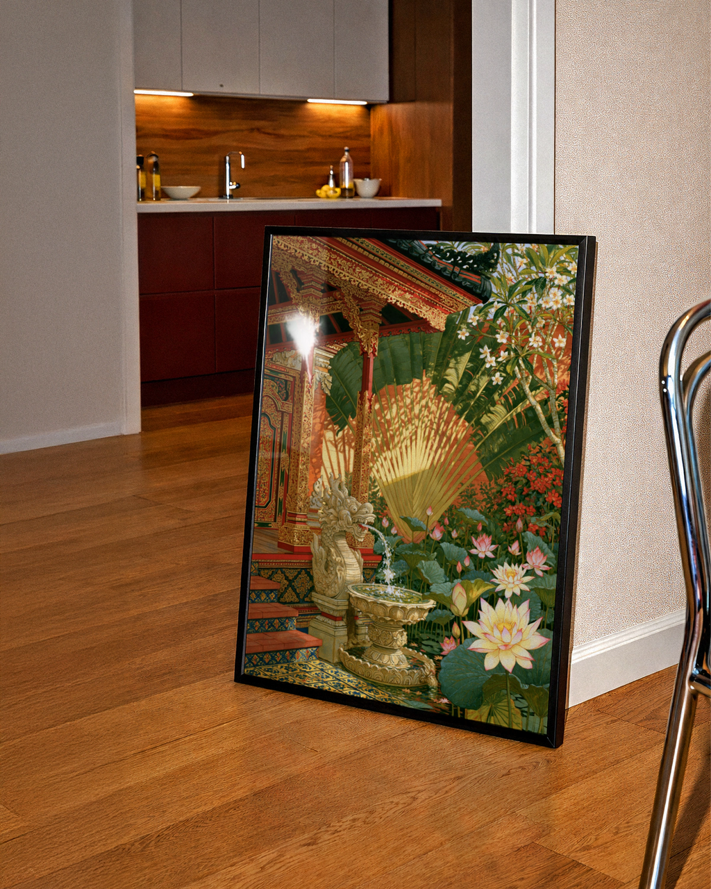 Balinese Temple Courtyard Poster, Garuda Fountain Lotus Garden, Tropical Wall Art