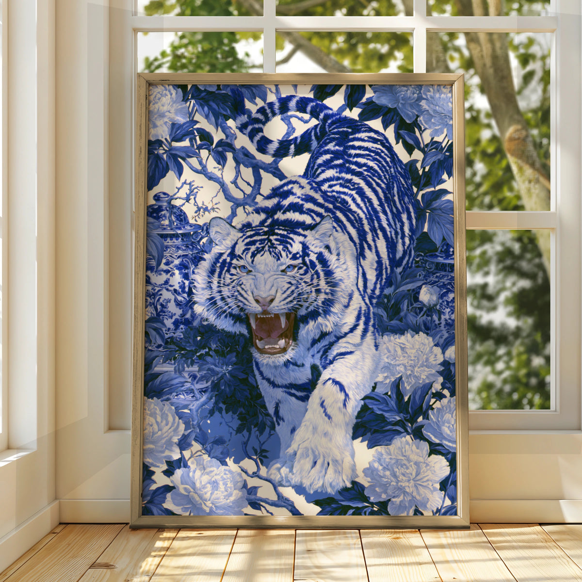 Roaring Tiger Chinoiserie Poster, Blue White Floral Wall Art Print