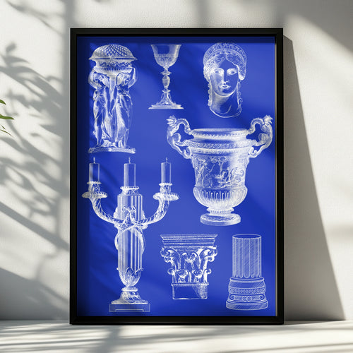 Roman Vase Blueprint Poster, Classical Antiquity Wall Art, Blue