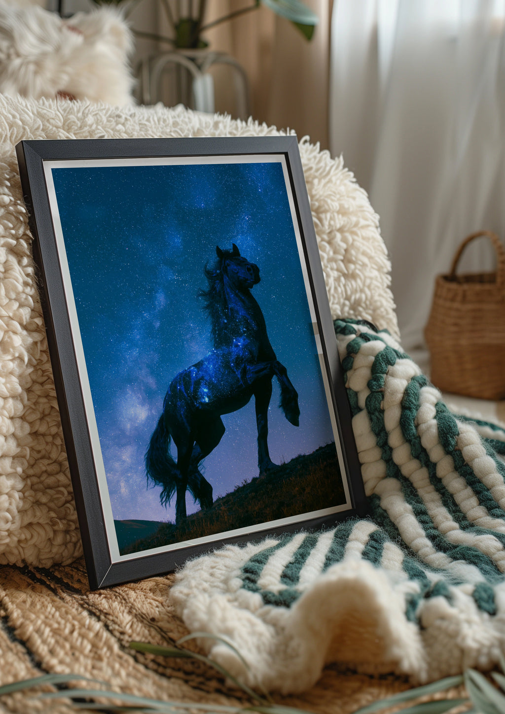 Celestial Horse Rearing Under Starry Night Sky, Galaxy Wall Art Poster