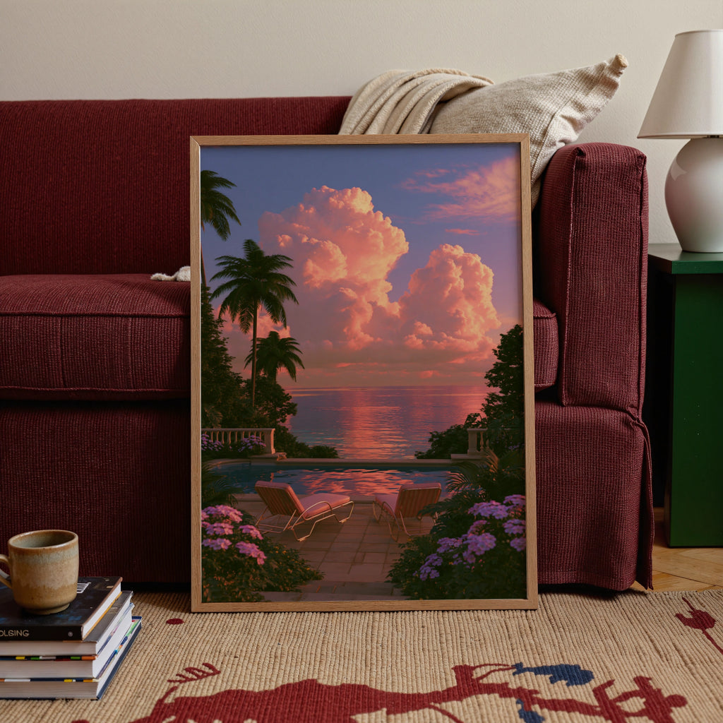 Pink Sunset Sun Loungers Pool Terrace Poster, Tropical Sky Wall Art Print