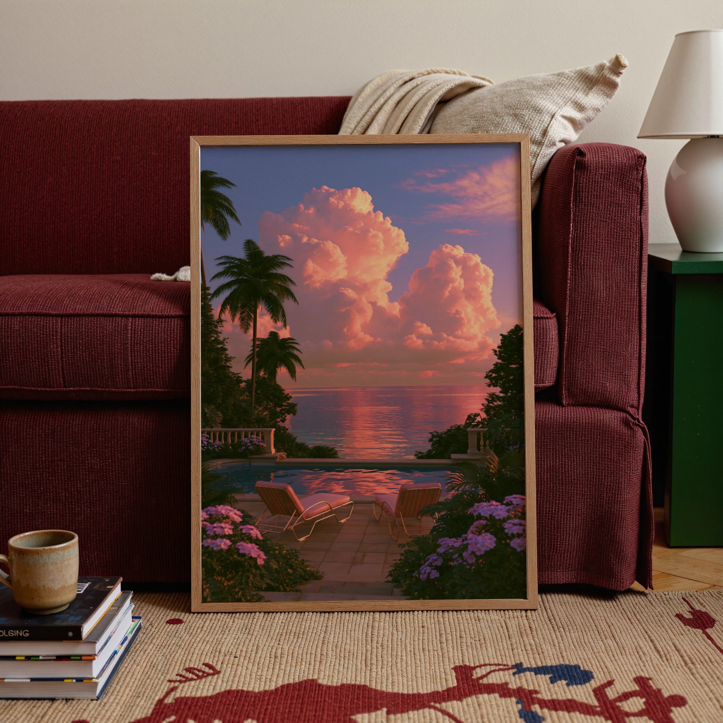 Pink Sunset Sun Loungers Pool Terrace Poster, Tropical Sky Wall Art Print