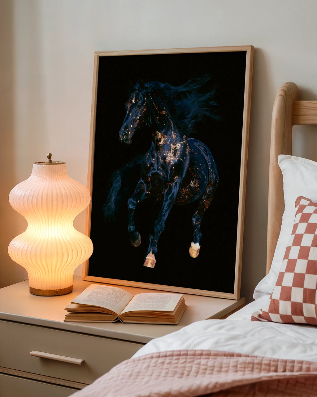 Galaxy Horse Poster, Black Gold Stallion Wall Art, Dark Cosmic Print