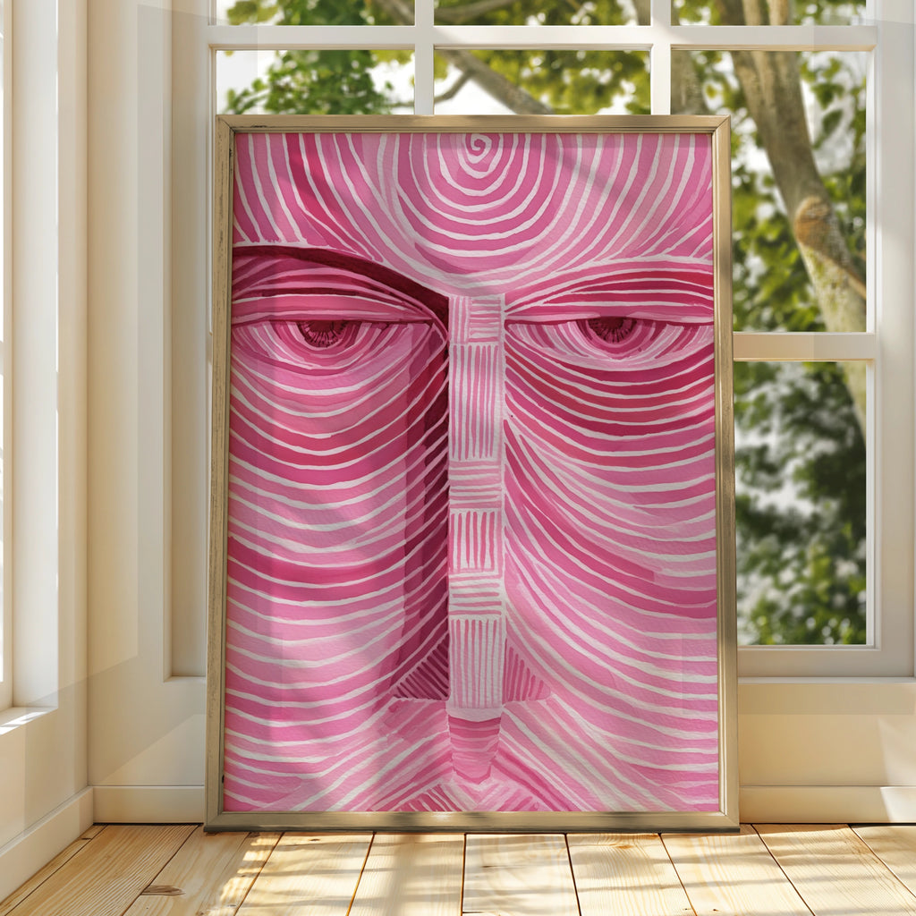 Pink Face Portrait Poster, Abstract Line Art Print, Psychedelic Wall Art