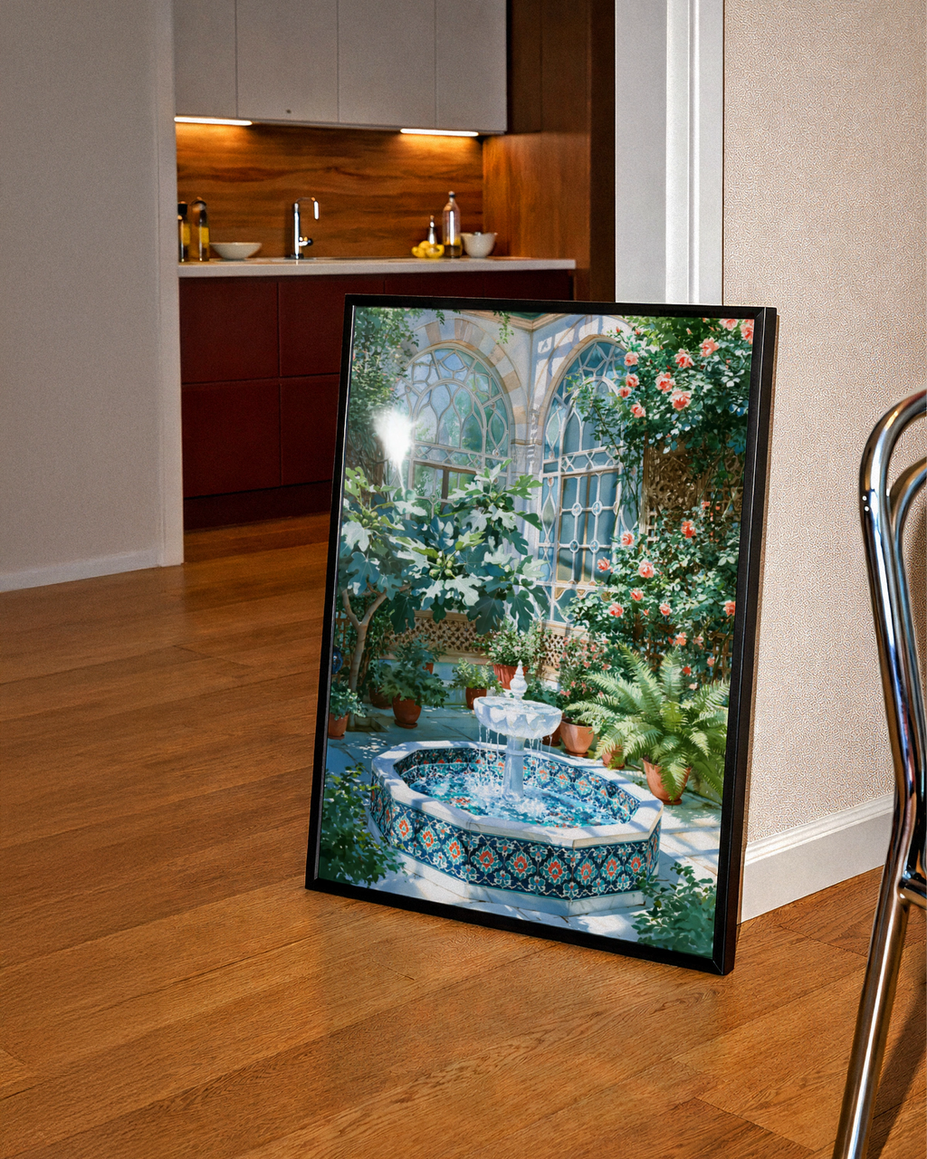 Fountain Courtyard Garden Poster, Moroccan Tile Art Print, Botanical Wall Art