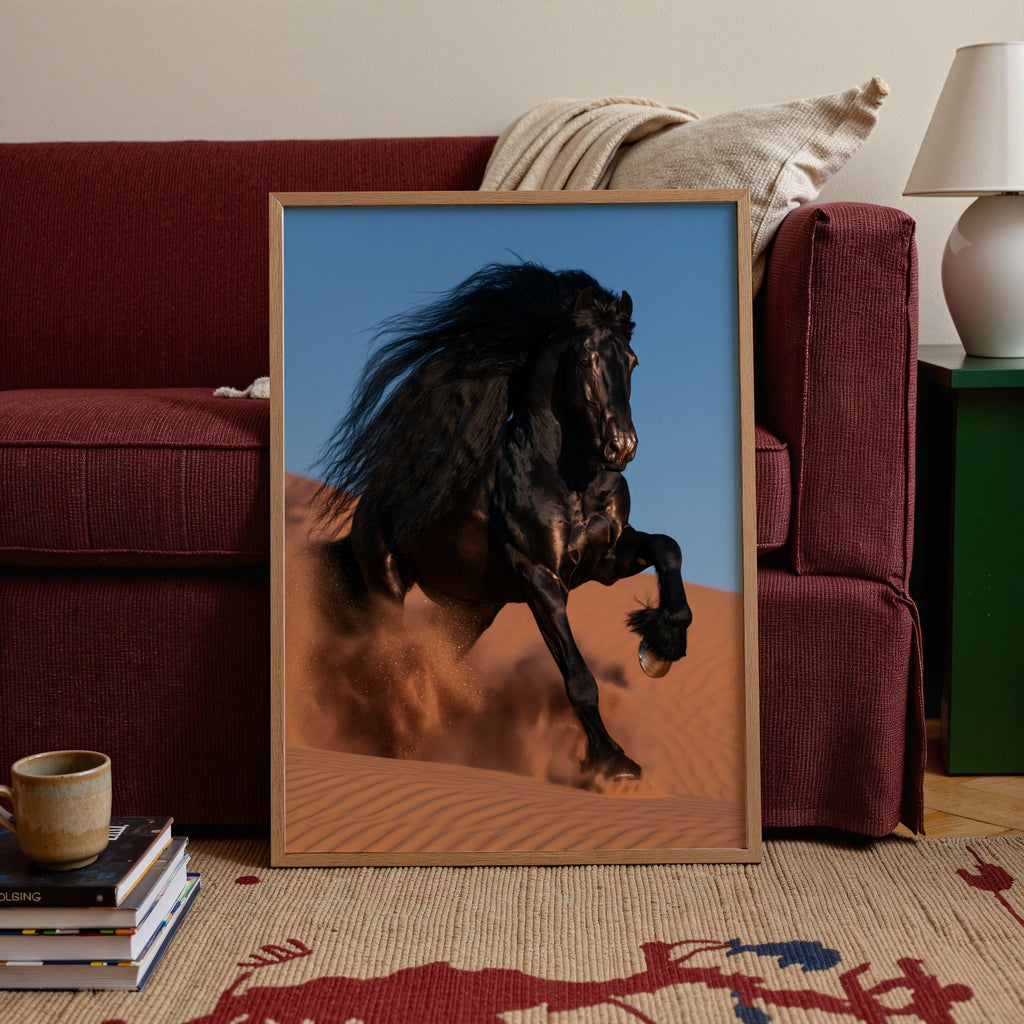 Black Friesian Horse Desert Sand Dunes Poster, Dramatic Equine Wall Art