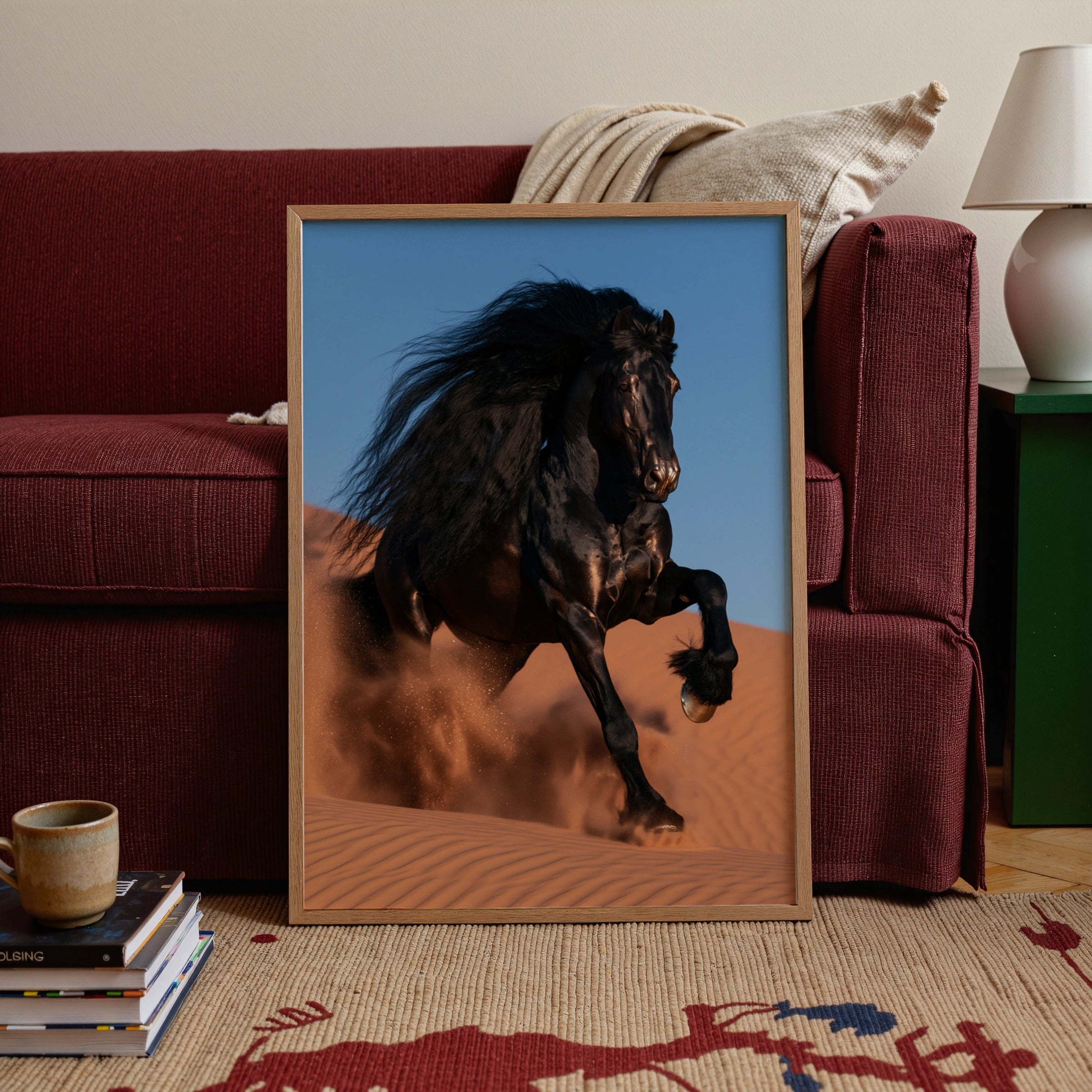 Black Friesian Horse Desert Sand Dunes Poster, Dramatic Equine Wall Art