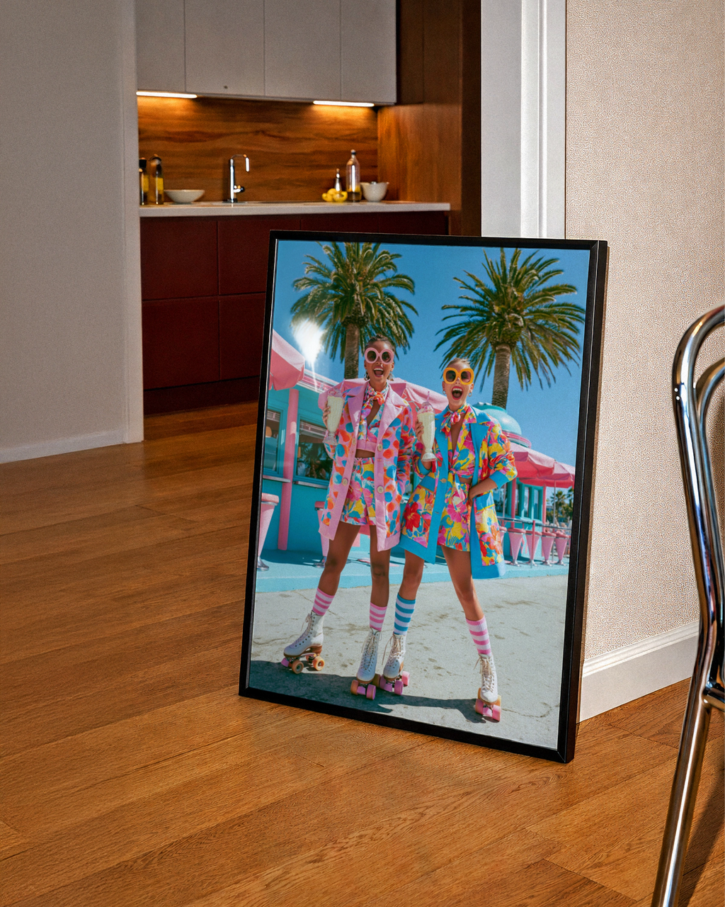 Roller Skating Women Retro Diner Poster, Colourful 80s Style Wall Art Print