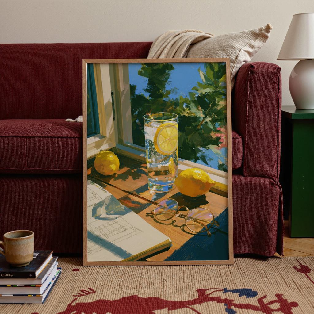 Gin Tonic Lemon Glass Windowsill Poster, Summer Reading Still Life Print
