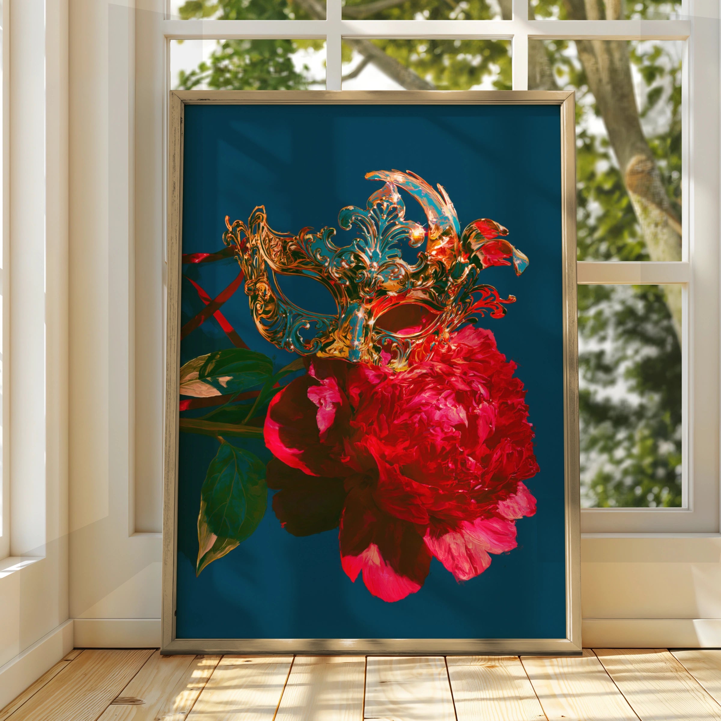 Venetian Mask Rose Wall Art Poster, Gold Masquerade Dark Floral Print