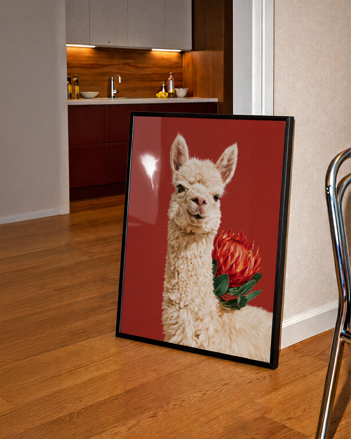 Alpaca with Red Protea Flower Poster, Bold Animal Wall Art Print