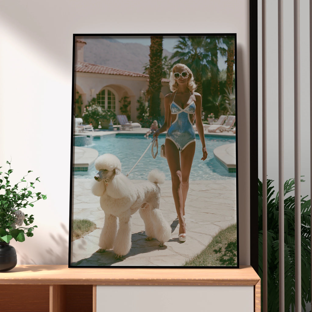 Woman with Poodle Poolside Poster, Retro Bikini Wall Art, Glamour Print