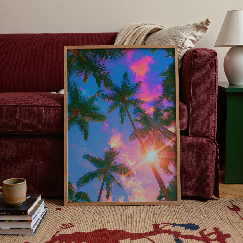 Palm Trees Sun Pink Clouds Poster, Tropical Sky Wall Art, Vibrant Sunset Print
